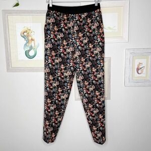 Zara Black Floral High Rise Pull On Tapered Ankle Pants Size Small